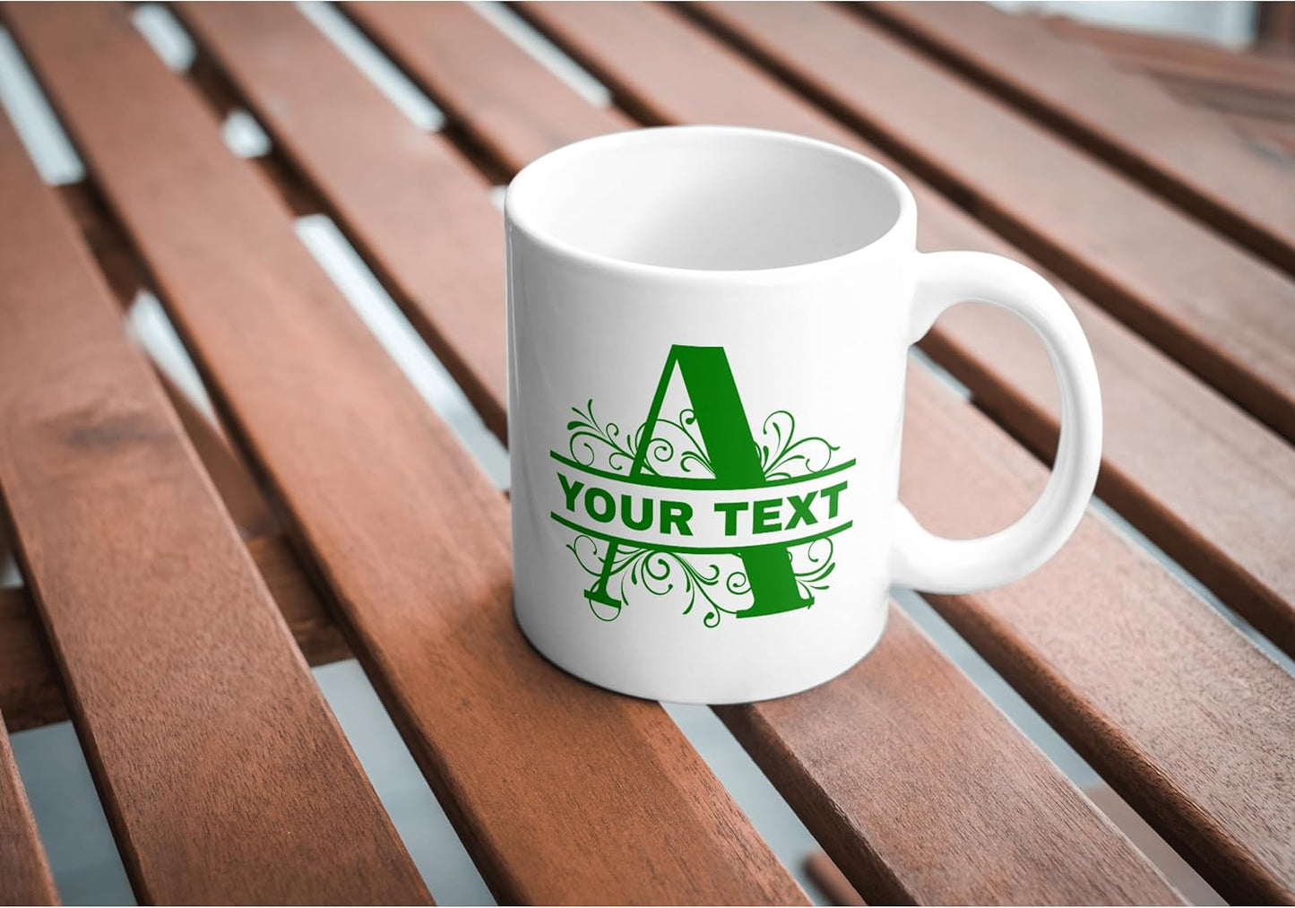 Customizable 11oz Coffee Mug - Sublimated Printed Mugs with Personalized Text, Names, and Initials. Perfect as Gifts for Men and Women for Birthdays (White Mug) (Monogram Green)