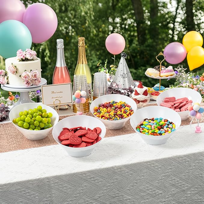 Goodluck 12 Pack White Plastic Serving Bowls for Party - 20 OZ Angled Disposable Serving Bowls for Wedding Party Chip, Candy, Salad & Fruit