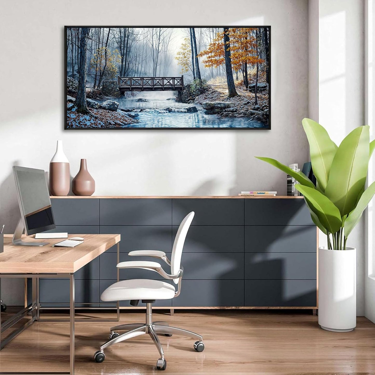 yiijeah Living Room Wall Art - Modern Wall Decor for Bedroom Office Decor Mountain Forest Landscapes Village Bridge Painting Framed Canvas Prints Ready to Hang Wall Pictures Home Decor