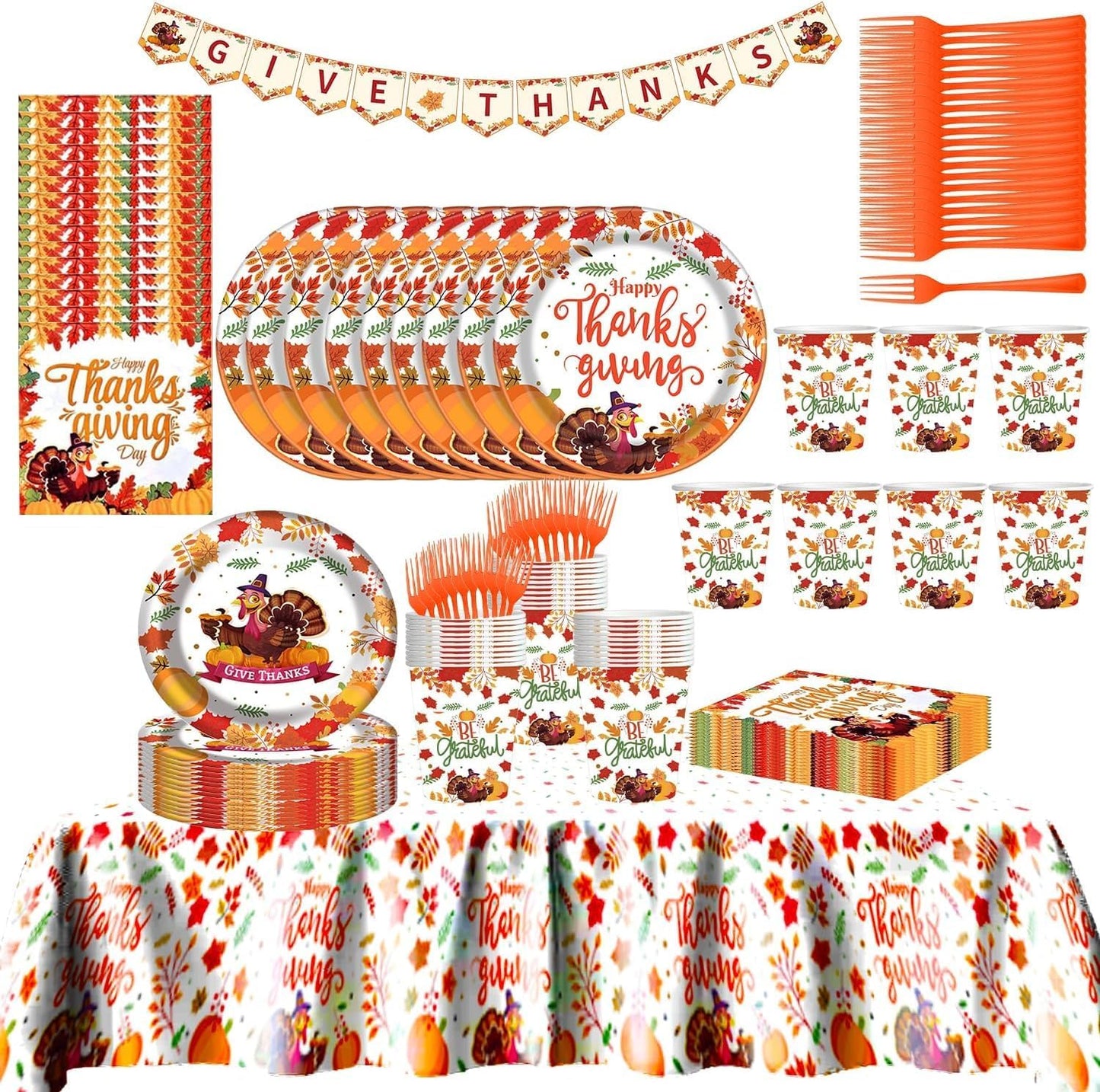 Thanksgiving Party Paper Plate, Turkey Pumpkin Maple Disposable Plates and Napkins Dinnerware Set for 25 Guest Autumn Harvest Table Decor, Thanksgiving Fall Party Supplies Favor Tableware Set
