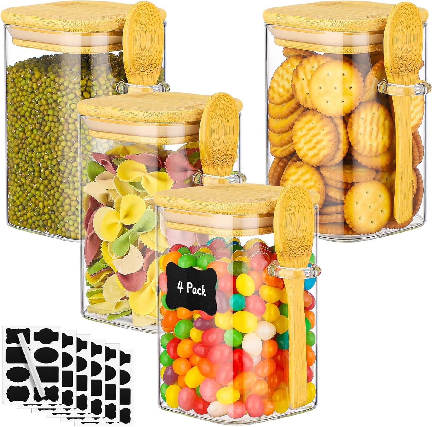 Glass Jars with Bamboo Lids and Spoon - 4 Pack 18 Fl.oz Square Glass Jars with Airtight Lid, Includes Labels and Marker, Pantry Storage Cointainer for Overnight Oat, Salad, Sugar Tea Canister