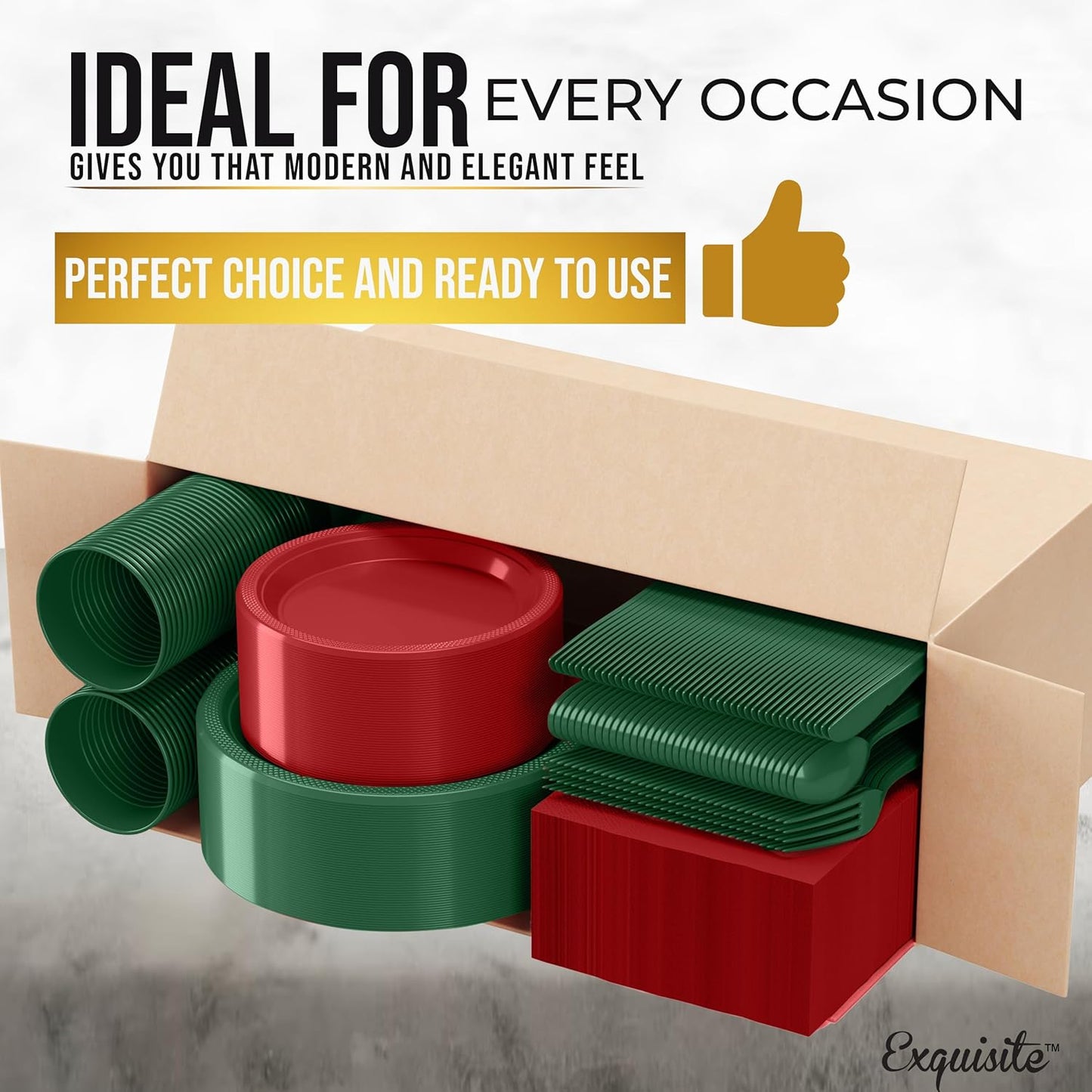 Party Solids 350 Pieces Red & Green Christmas Plastic Plates For Party, Christmas Disposable Plates Set, 50 Of Each 9" Dinner Plate Set, 7" Dessert Plate, Cups, Napkins & Cutlery Plastic Dinnerware