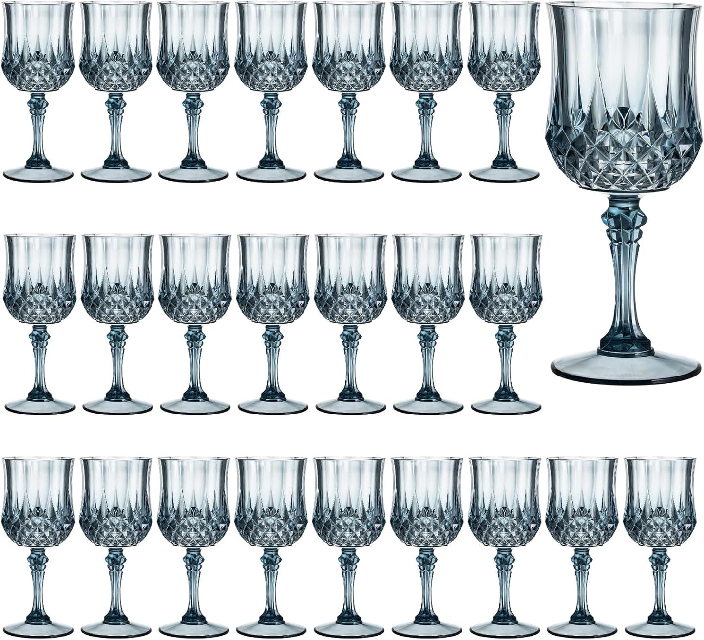 7OZ Plastic Wine Glasses, 24Pcs Blue Reusable Drinking Cups Vintage Champagne Flutes, Plastic Crystal Water Goblets for Parties Stemmed Shatterproof Drinking Glasses for Wedding, Toasting Party