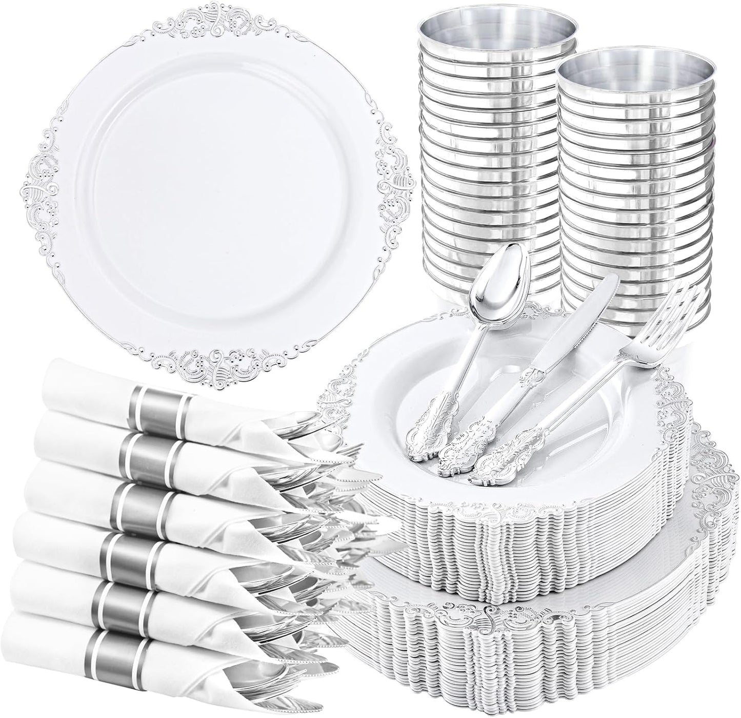 Hioasis 210pcs White and Silver Plastic Plates - Disposable Dinnerware Set Suitable for 30 Guests Include 10.25 Dinner & 7.5 Dessert Plates, Pre Rolled Silverware Set, Cups for Party & Thanksgiving