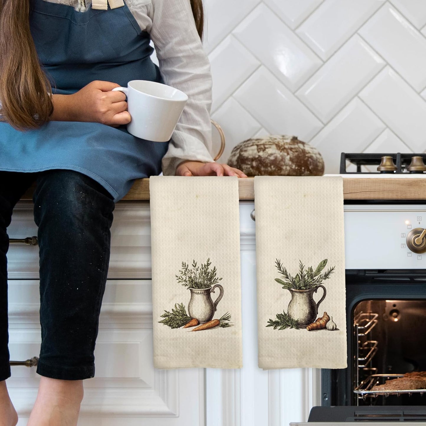 Vintage Country Kitchen Herbs Kitchen Towels Set of 2,Farmhouse Kitchen Decor Hand Towel, Carrot Ginger Garlic Still Life Food Decorative Tea Towel Dish Towels 16x24 Inch