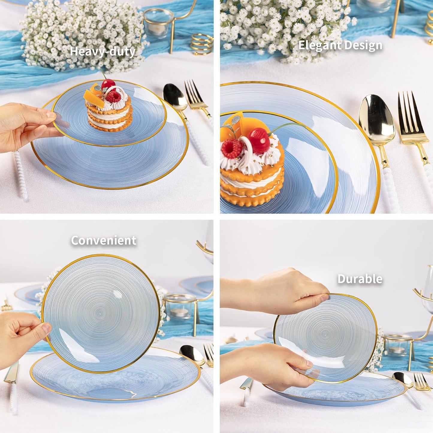 100PCS Blue Plastic Plates-Crystal Design Blue Disposable Plates with Gold Rim, Fancy Disposable Plates Include 50 Dinner Plates, 50 Dessert/Salad Plates for Party & Birthday