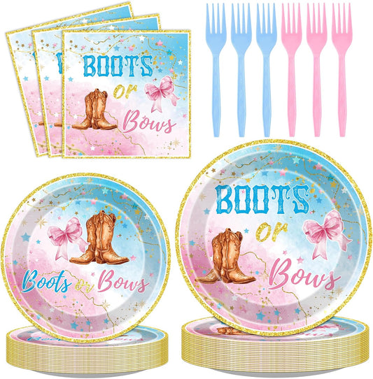 Boots or Bows Decorations - 96 Pcs Gender Reveal Party Plates Napkins Forks Tableware Set, Pink Blue Paper Disposable Party Supplies Decor Kit for Baby Shower Boy or Girl Serve 24 Guests