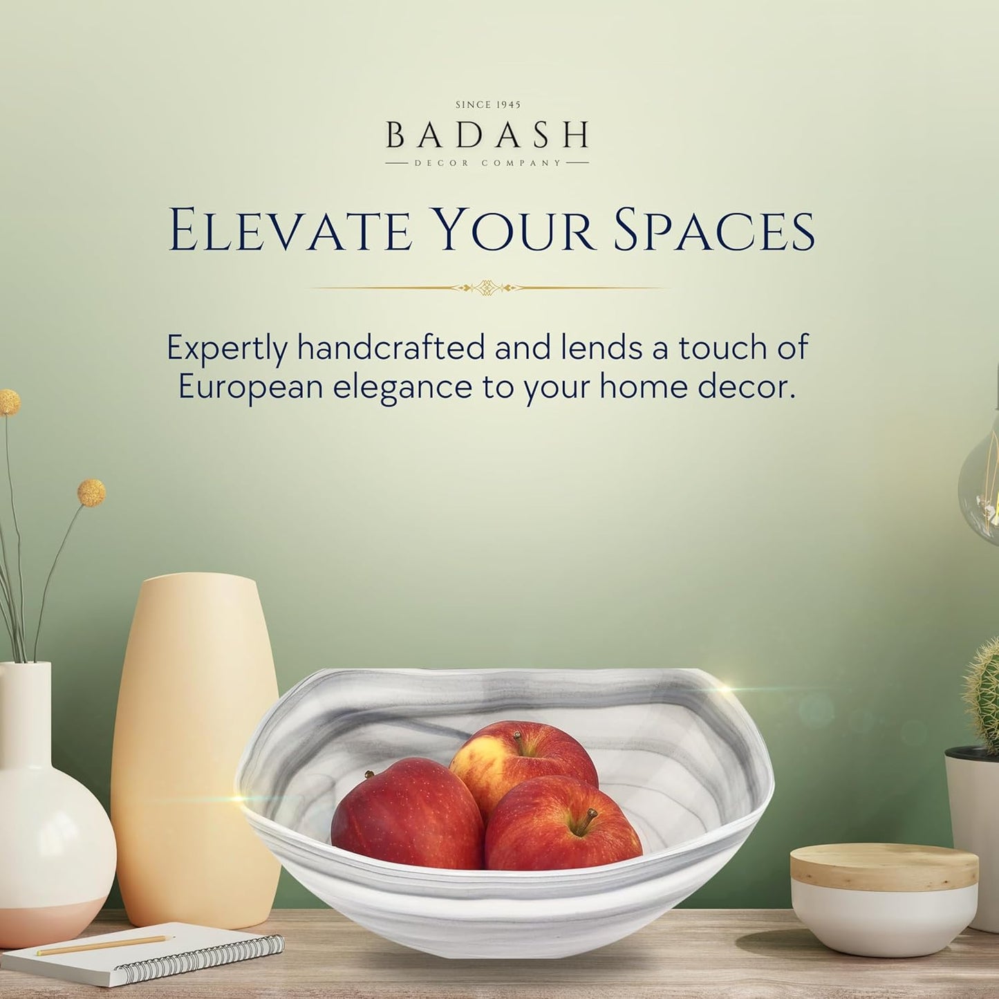 Badash Decorative Glass Serving Bowl, Alabaster Glass Centerpiece Fruit Bowl, Home Décor Table Accent Bowl, 10” Diameter, Gray