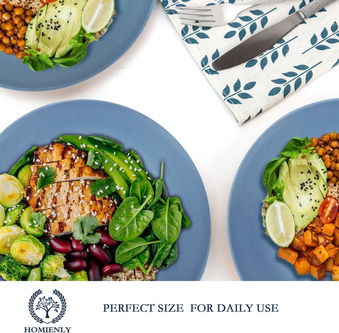 Homienly Flat Dinner Plates Set of 8 Alternative to Plastic Plates Microwave and Dishwasher Safe Wheat Straw Plates for Kitchen Unbreakable Plates for Camping, Salad(Blue, 10 inch)