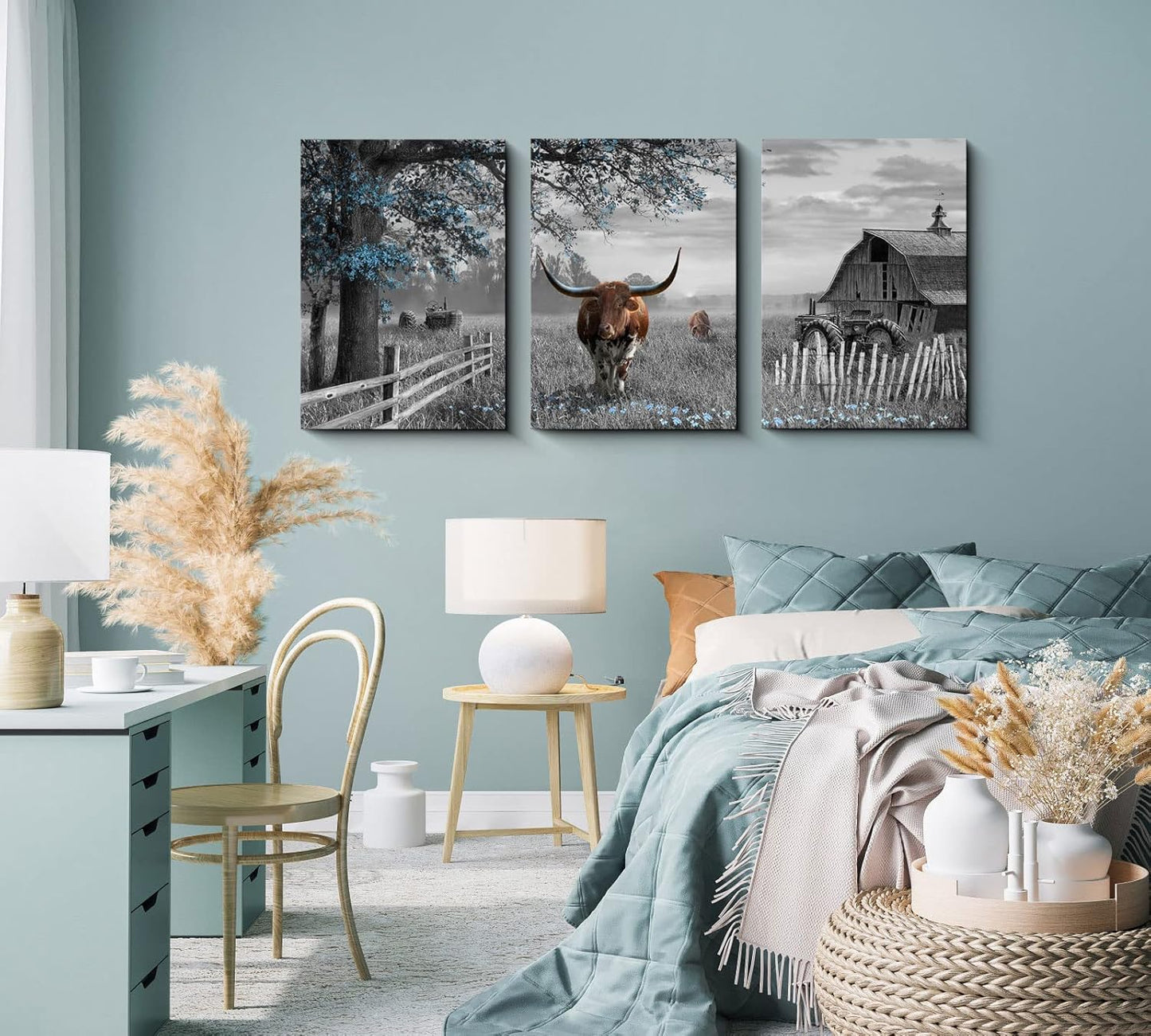 Yiijeah Large Brown Cow Wall Art - Blue Tree Pictures Farmhouse Wall Decor for Living Room & Master Bedroom - 16x24 Inches