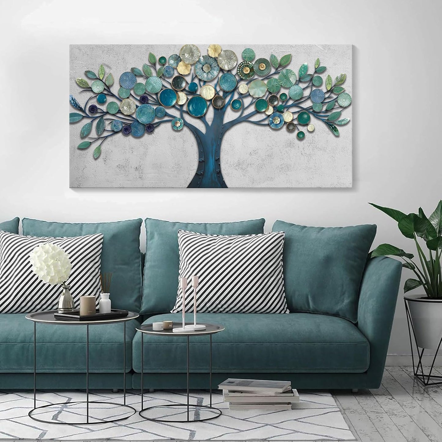 CHATYOUNG Wall Art Living Room - Large Teal Blue Tree of Life Abstract Landscape Painting Modern Print Artwork for Dining Room Bedroom Bathroom Office Home Decor 48"x24"