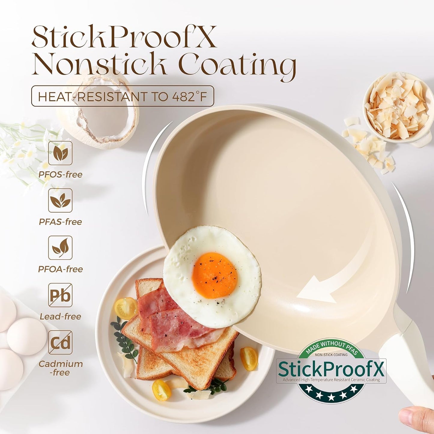 PRICUSIS Nonstick Ceramic Frying Pan, 8/10 Inch Skillet with Stay Cool Handle, Fully Coated, Induction Compatible & Oven Safe, 100% Dishwasher Safe, PTFE PFAS & PFOA Free（10 Inch, Coconut White）