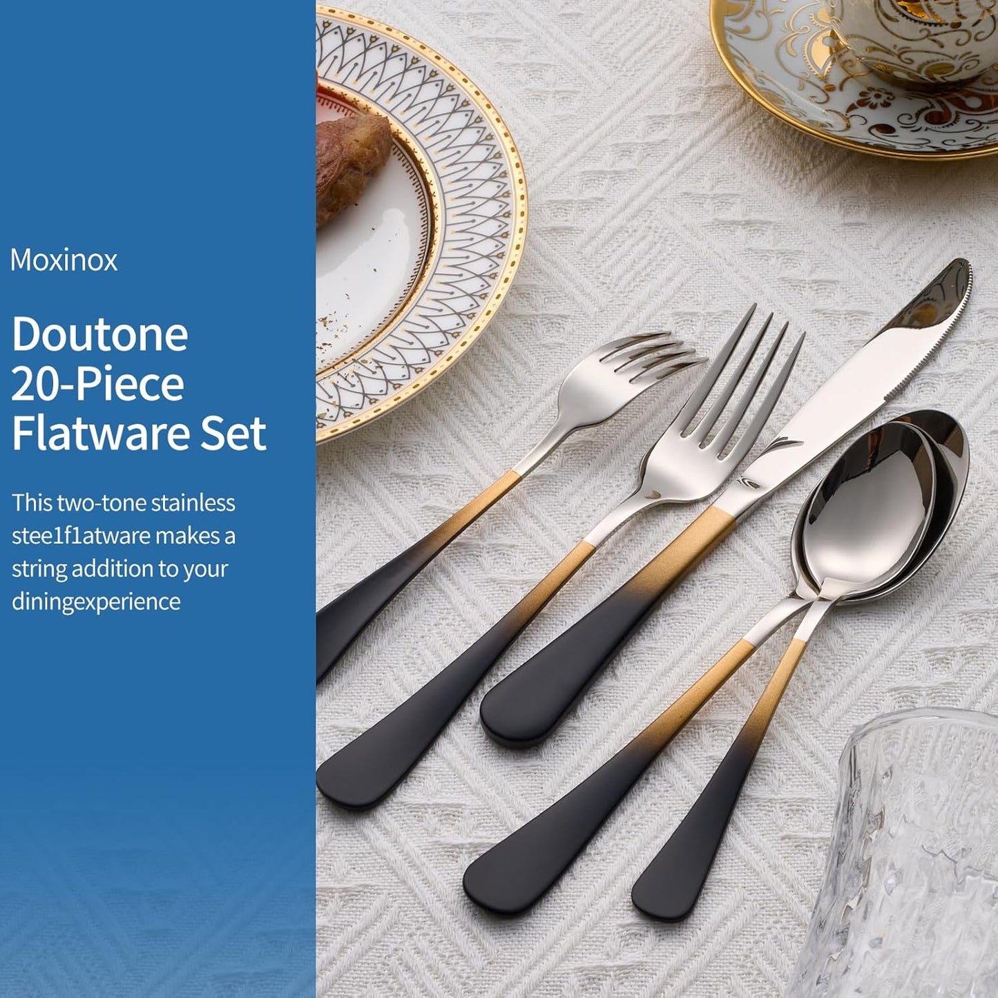 20-Piece Black Gold and Silverware Set, 18/0 Stainless Steel Colorful Handle Flatware Set,Service for 4,Modern Cutlery Set Includes Dinner Knives Forks Spoons,Mirror Polished,Dishwasher Safe