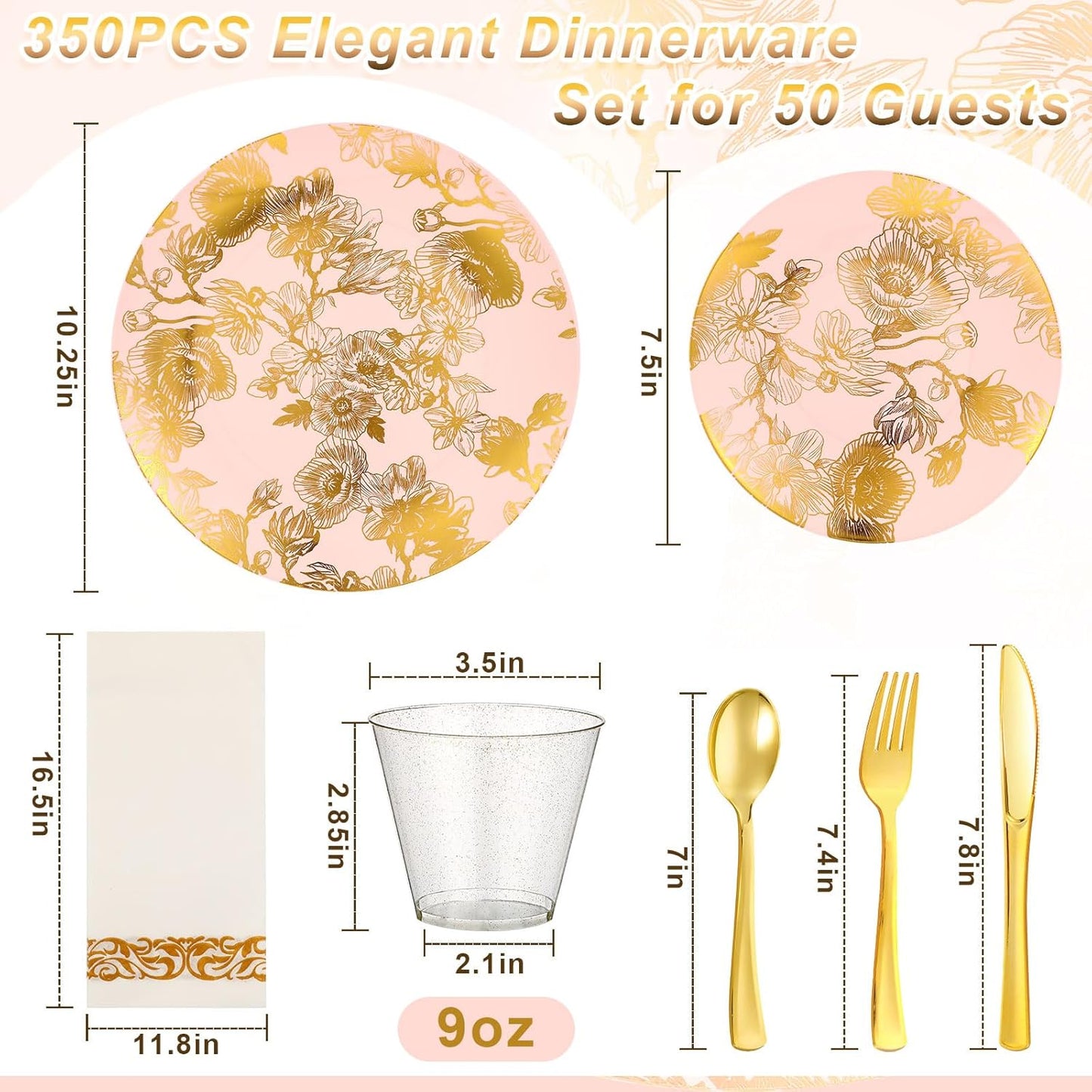 Tioncy 350 Pcs Gold Floral Plastic Dinnerware for 50 Guests Disposable Dinnerware Set Include Plates, Forks, Knives, Spoons, Cups, Napkins for Christmas Party Wedding Baby Shower(Pink Base Color)