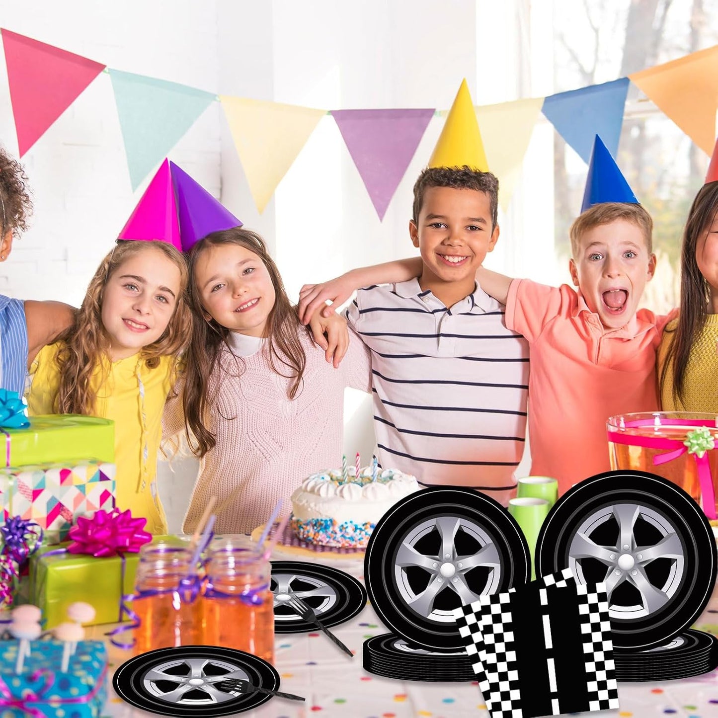 DTDO 96Pcs Race Car Party Plates and Napkins Set Include Wheels Track Napkins Black Forks Disposable Racing Themed Birthday Dinnerware for Boys Birthday Decorations Serves 24