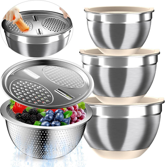Mixing Bowls with Airtight Lids, Stainless Steel Mixing Bowl Set with 3 Metal Nesting Bowls, Colander & Grater, Non-Slip Bottoms, Size 1.5, 2.5, 5 QT, Great for Mixing & Serving, Khaki