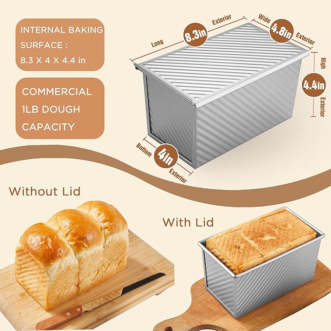 KITESSENSU Pullman Loaf Pan with Lid, 1 lb Dough Capacity Non-Stick Bakeware for Baking Bread, Carbon Steel Corrugated Bread Toast Box Mold with Cover for Baking Bread, Silver