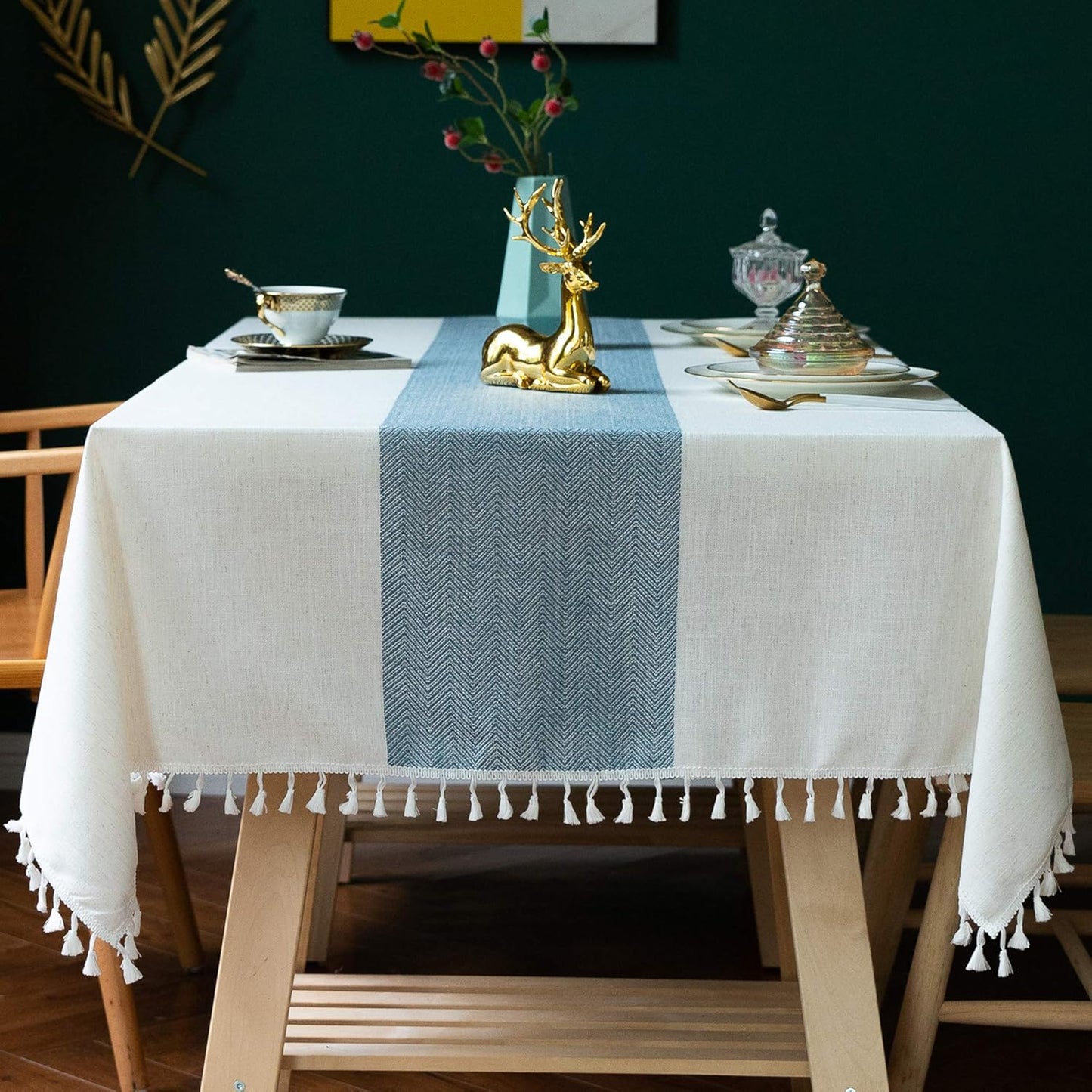 Oubonun Cotton Linen Rectangular Tablecloth - Wrinkle Resistant & Waterproof - Machine Washable Table Cloth with Tassels for Kitchen & Dining, 55''x120'', 10-12 Seats