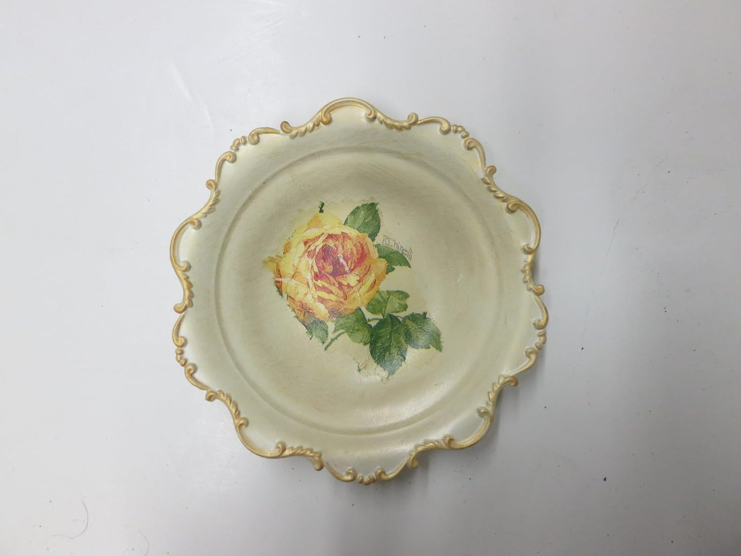 GAC Italian Hand Painted 'Country Flowers' Small Decorative Serving Bowl - Nut Bowl, Candy Dish, Centerpiece Bowl - Brass - Limited Edition 7"