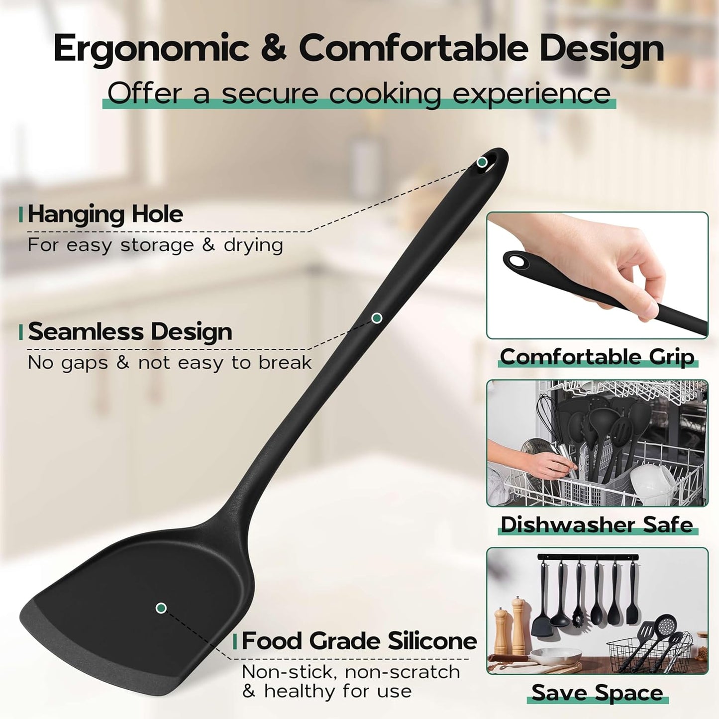 Onader Silicone Cooking Utensils Set, 10 Pieces Black Kitchen Utensils for Nonstick Cookware, Non Toxic & Dishwasher Safe