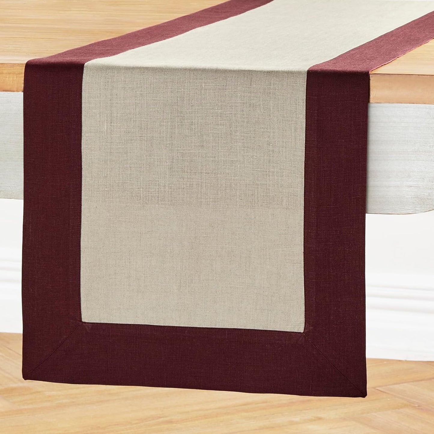 Solino Home Linen Table Runner 120 Inches Long - 100% Pure Linen Burgundy and Natural Table Runner 14 x 120 Inch for Fall, Autumn, Thanksgiving, Christmas - Contempo
