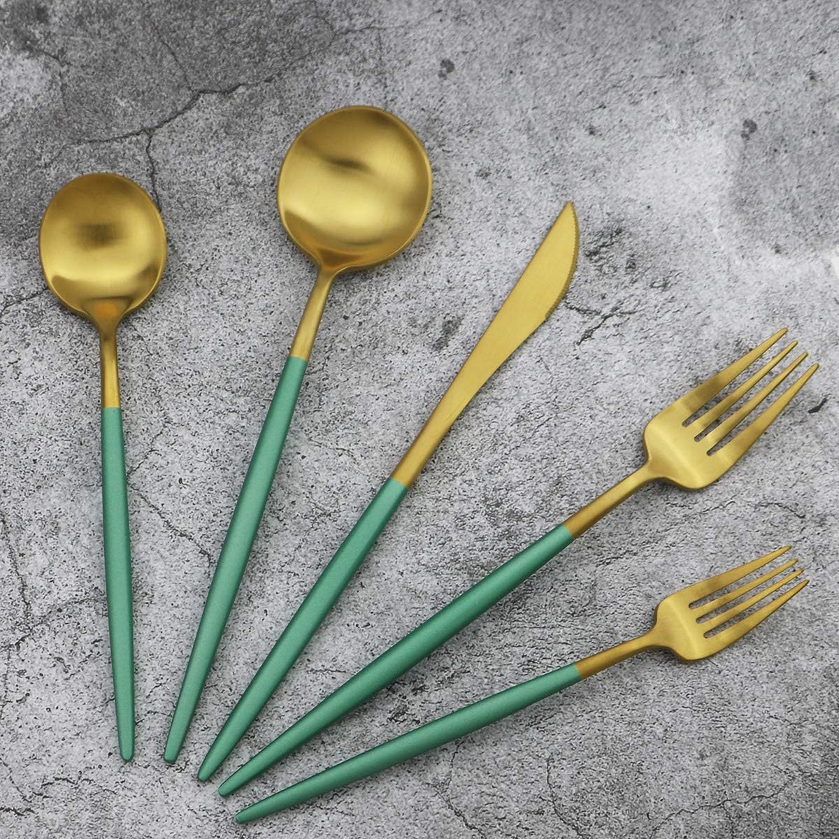 Gugrida 20-Piece 18/10 Stainless Steel Flatware Silverware, Luxury Dinnerware Set Travel Cutlery Tableware Include Knife Fork Spoon Service for 4, Dishwasher Safe (Green Handle Matte Gold)