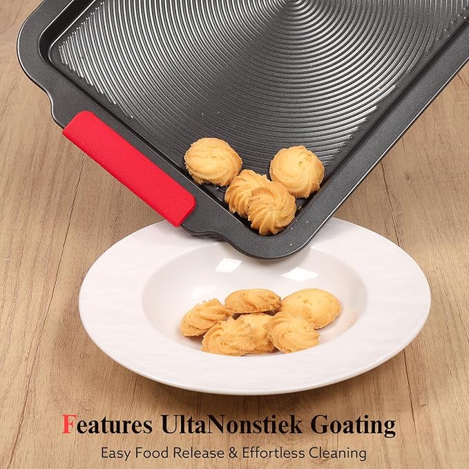 Baking Pans Set with Circle Grooves, 2-Piece 16x11in Nonstick Cookie Sheets for Baking & Roasting, Baking Sheet with Red Grips, PFAS/PTFE Free,Gray