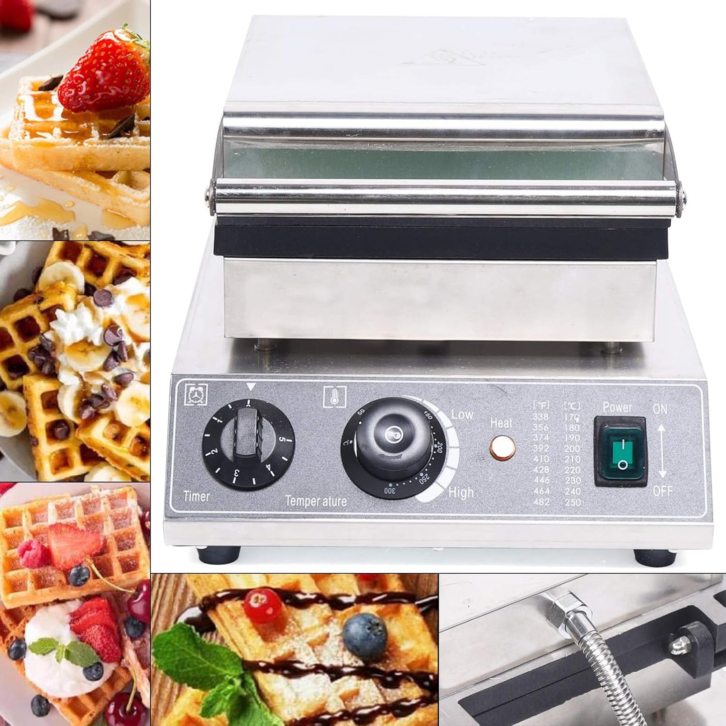 1750W Commercial Waffle Maker, 6 Grids Electric Square Waffle Maker Non-Stick Stainless Steel Belgian Waffle Iron w/Time & Temper Adjustable| Temper Comparison Table, Large Waffle Machine Restaurant