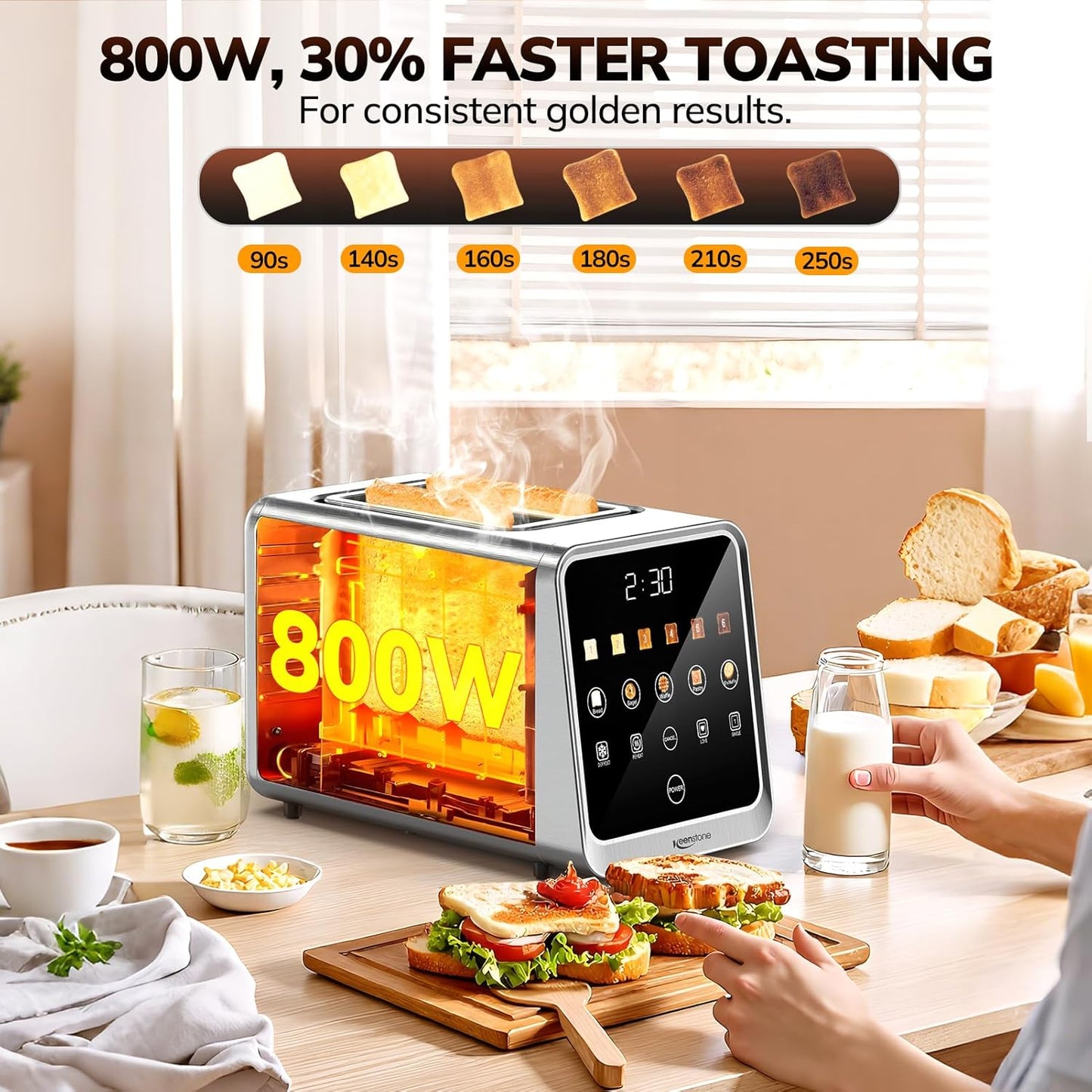 Keenstone Toaster 2 Slice, Digital Smart Toaster with TouchScreen, Dual Control Panel, Single Slot Toasting, Timer, Reheat & Defrost for Bagels, Bread, Waffles, Stainless Steel Kitchen Essentials