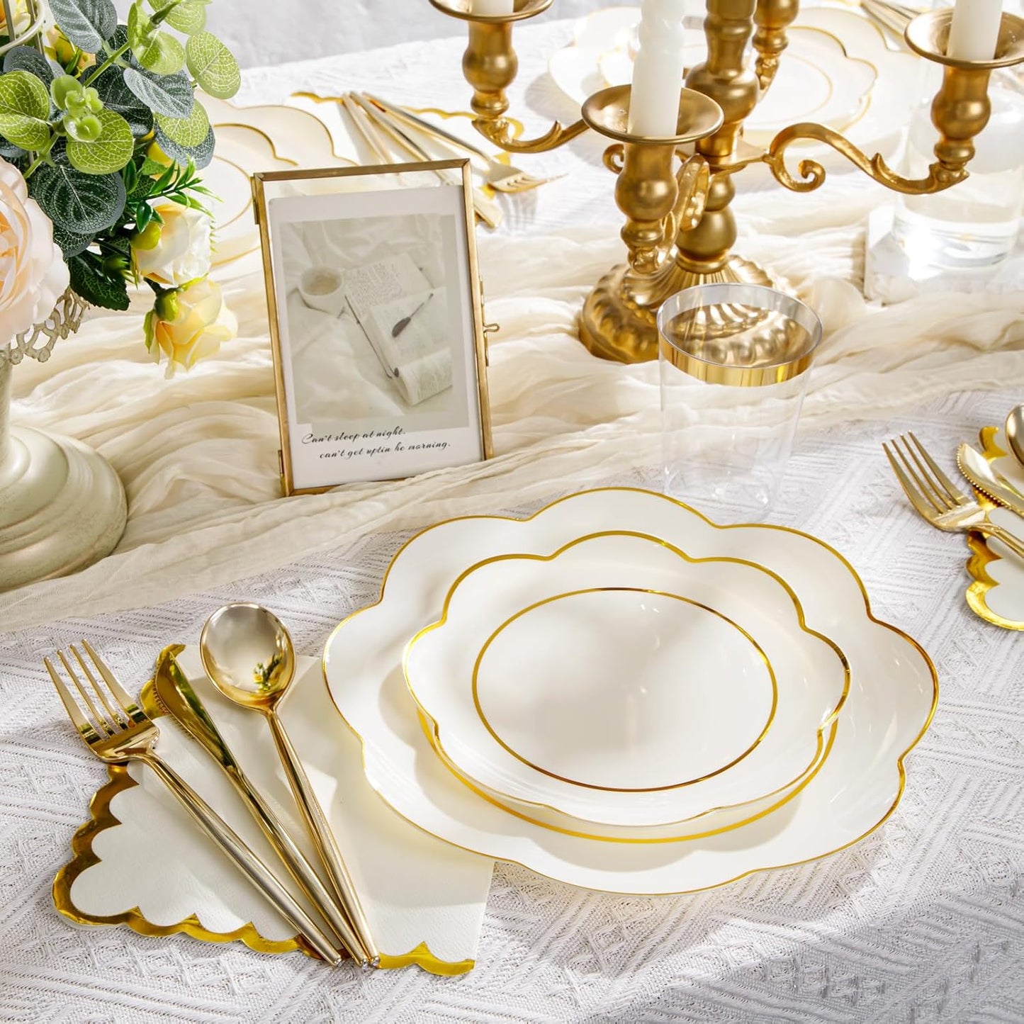 WONDERFUL 350PCS Ivory Plastic Plates for Party Plates Disposable Heavy Duty Ivory Gold Plastic Dinnerware Set for 50 Guests - 100 Disposable Plate,150 Silverware,50 Cup,50 Wedding Napkins for Wedding