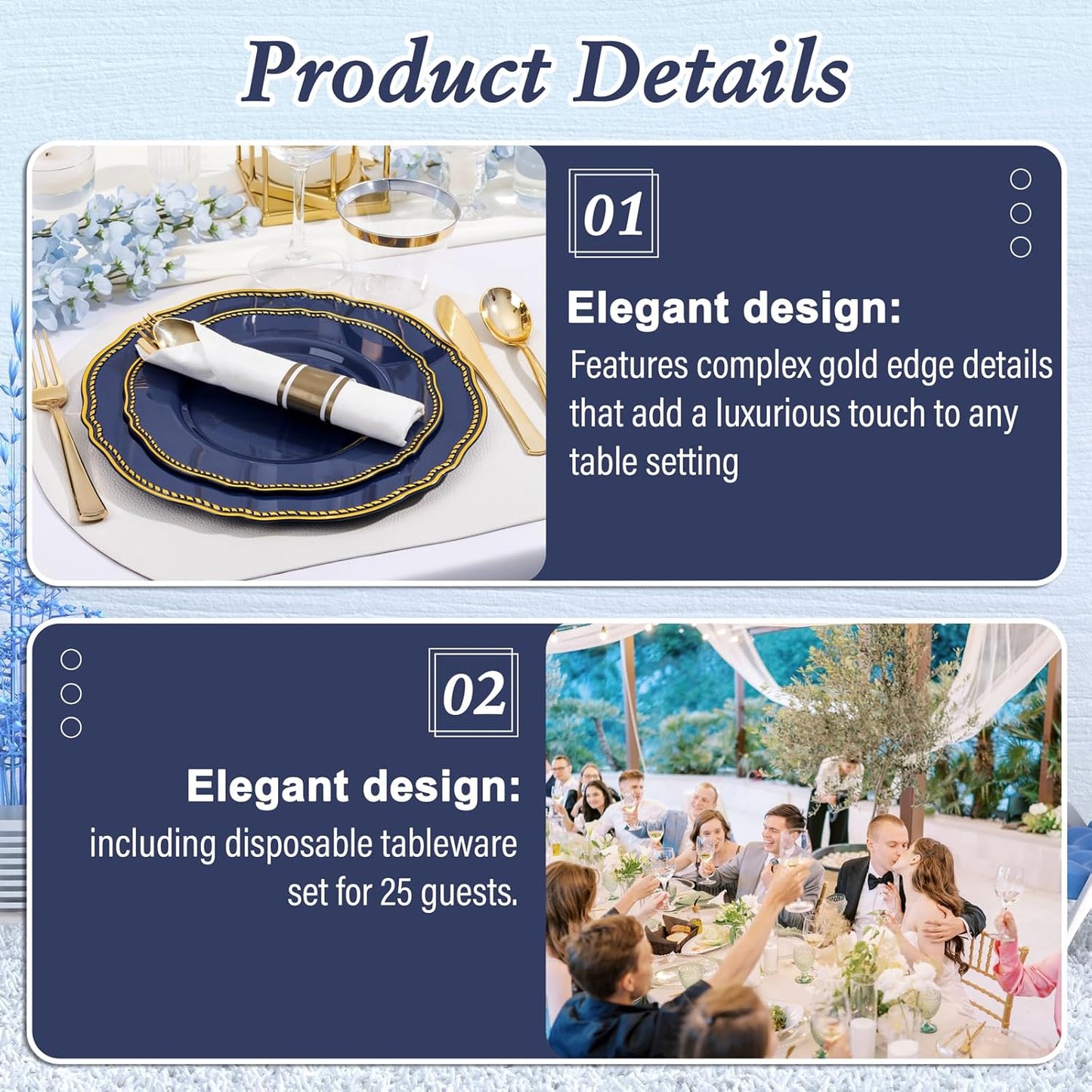 Hioasis 175pcs Blue Gold Plastic Plates - Gold Plastic Dinnerware Set Includes 25 Dinner Plates, 25 Dessert Dinnerware, 25 Cups, 25 Napkins Perfect for Wedding & Party