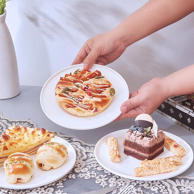 AntoKueh White Salad Plates Set of 6, 8.3 Inch Fine Bone China Small Dishes with Shallow Edge for Dessert, Appetizer, Steak, Dishwasher/Microwave safe