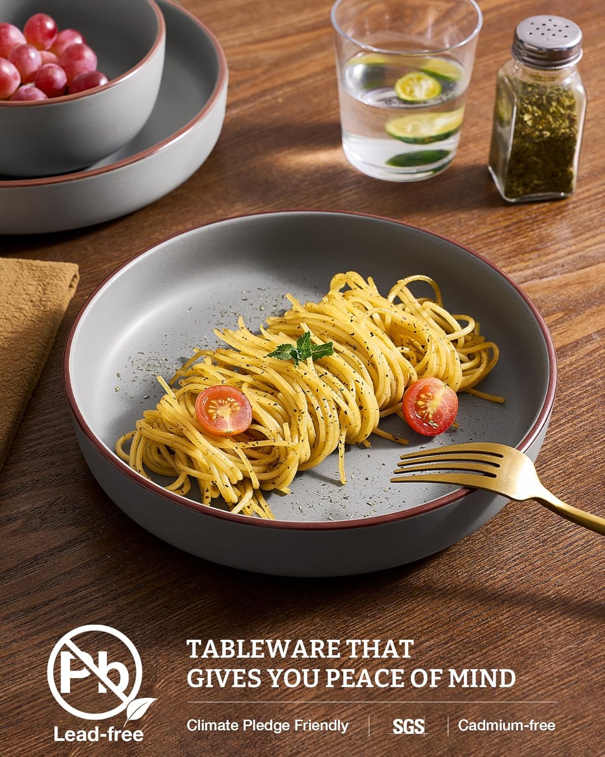 famiware Mercury Pasta Bowls Set of 8, 33 oz Large Salad Bowls, Ceramic Pasta Plates Bowls, Serving Bowls for Kitchen, Microwave & Dishwasher Safe, Dark Gray