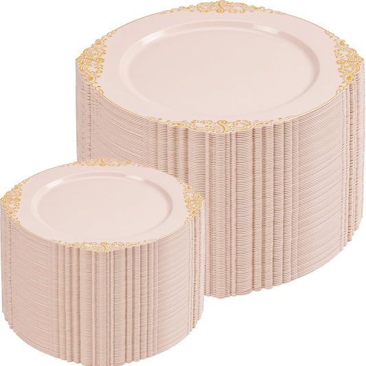 200PCS Pink and Gold Plates - Pink Plastic Plates - Fancy Disposable Plate with Gold Rim - Vintage Wedding Dinner & Dessert Plate for 100 Guests for Wedding & Party & Bridal Shower