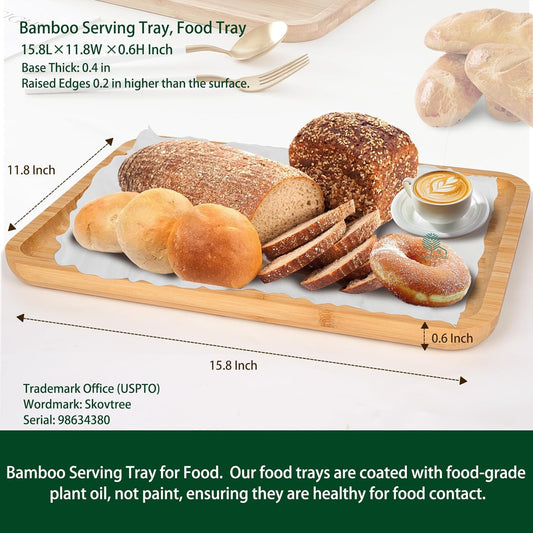 Bamboo Serving Tray, Food Tray for Eating and Serving Coffee, Tea, 15.8x11.8 Inch