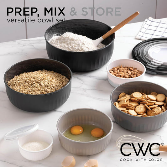 COOK WITH COLOR Prep Bowls with Lids- Wide and Deep Nesting Plastic Small Mixing Bowl Set with Lids, 12 Piece Set - Wide Bowls, Black/White