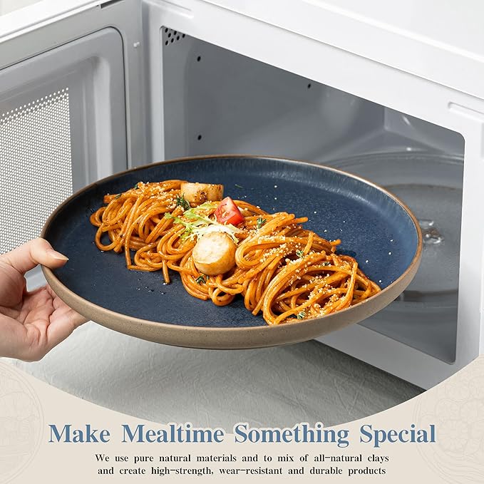 12 Pieces Dinnerware Sets,Plates and Bowls Sets,Handmade Reactive Glaze Dishes Set for 4 with at Least 10% Recycled Ceramic and the Raw Texture of the Clay (Reactive-Blue)