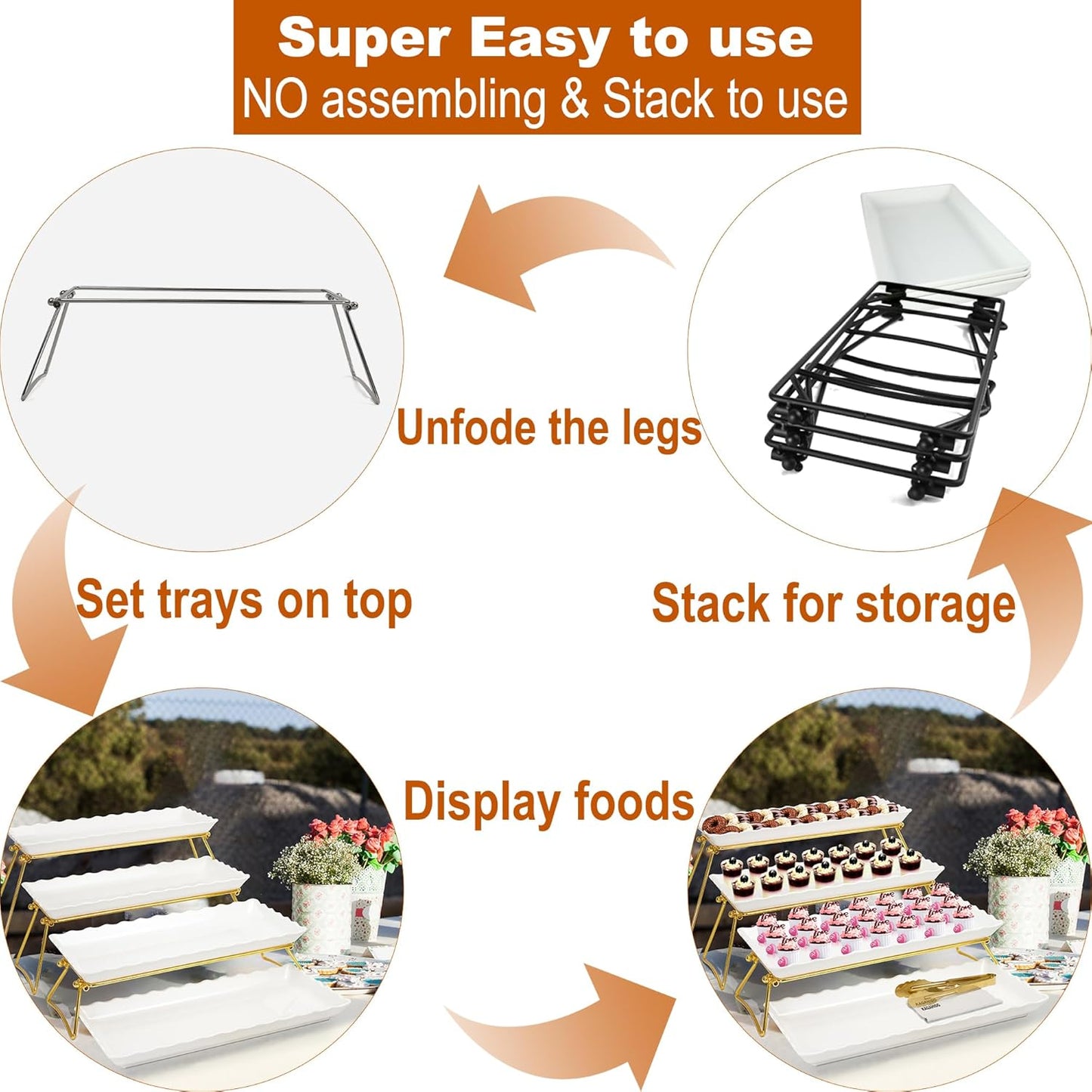 KAQAHIDO Extra Large 4 Tier Serving Tray Set, 34x22x10 inch Wave Edge Melamine Dessert Table Display Set, Tiered Trays Stand for Party Buffet Entertaining, Black and White