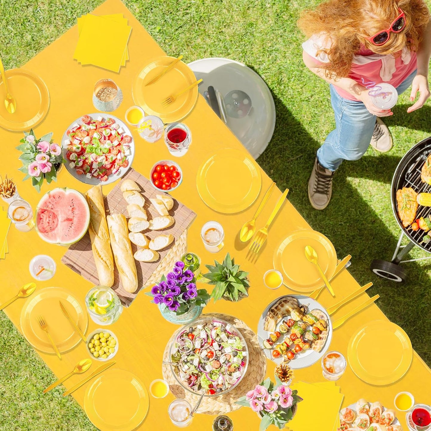 TWOWYHI 229PCS Yellow Party Supplies Set Paper Disposable Plates Cups Plastic Spoons Forks Knives Yellow Napkins for 30 Guests Disposable Party Dinnerware Sets for Wedding Birthday Parties