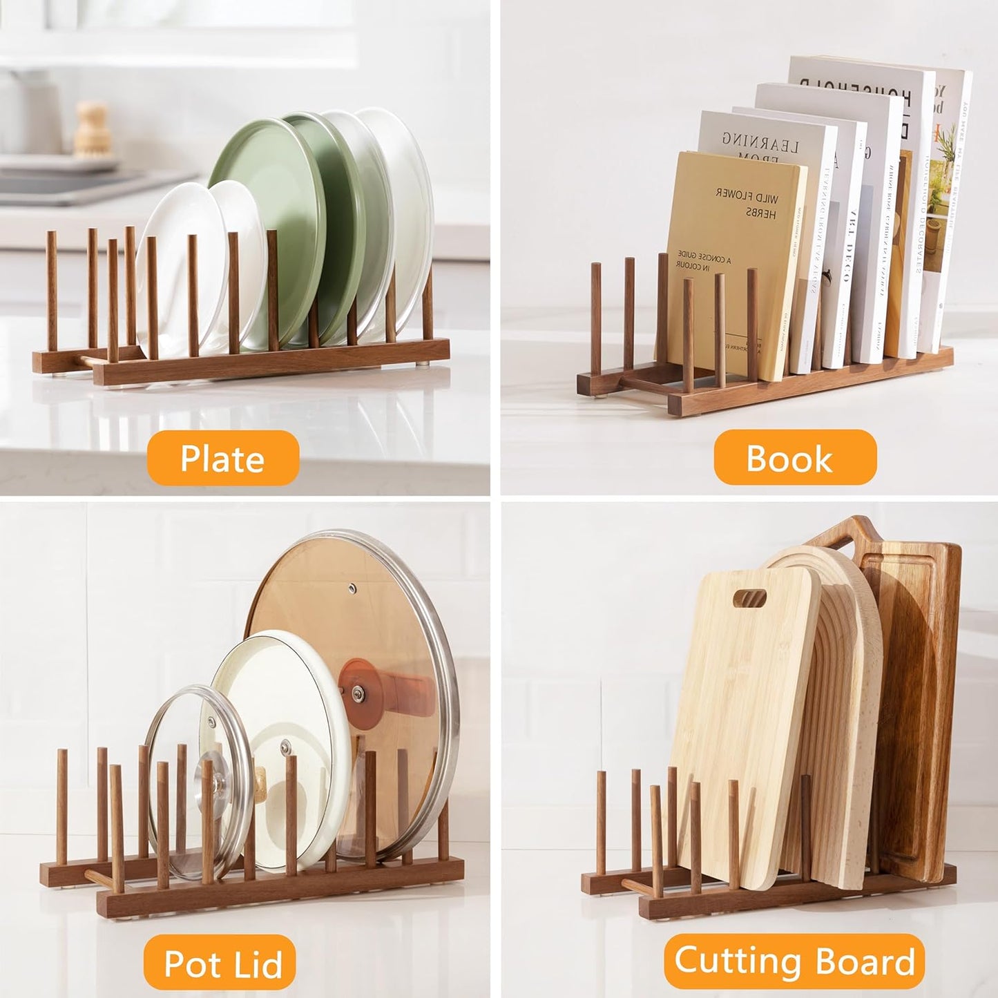 HBlife 2pcs Acacia Wooden Dish Dying Rack Pot Lid Plate Organizer Holder for Cabinet, Cutting Board Stand Drainer Storage Plate Rack for Dish, Pot Lid, Bowl, Cup, Cutting Board and Books