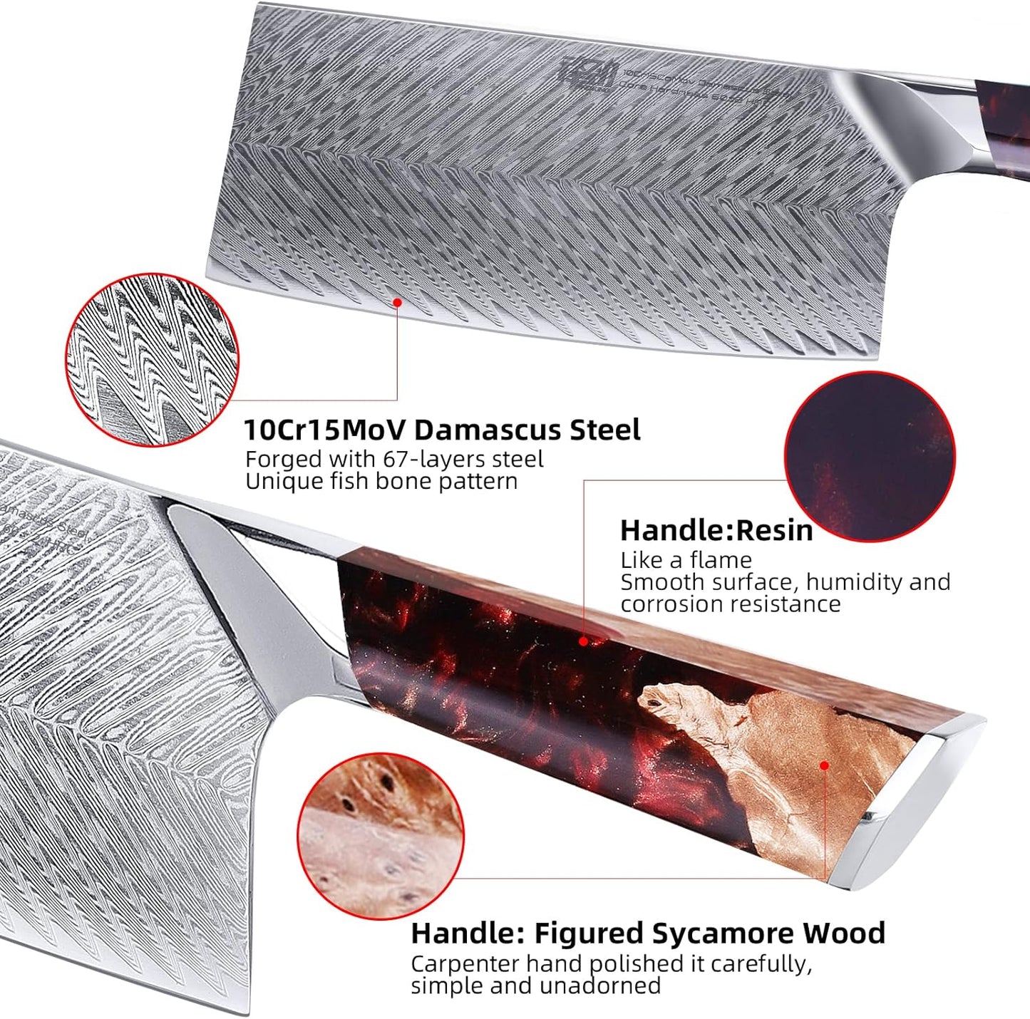 FINDKING Nebula Series Cleaver Knife, Multipurpose Chinese Chef Knife, 10Cr15CoMov Damascus Steel Blade, Resin and Figured Sycamore Handle, Full Tang, 7 Inch, Red, for Meat, Vegetable Shredding