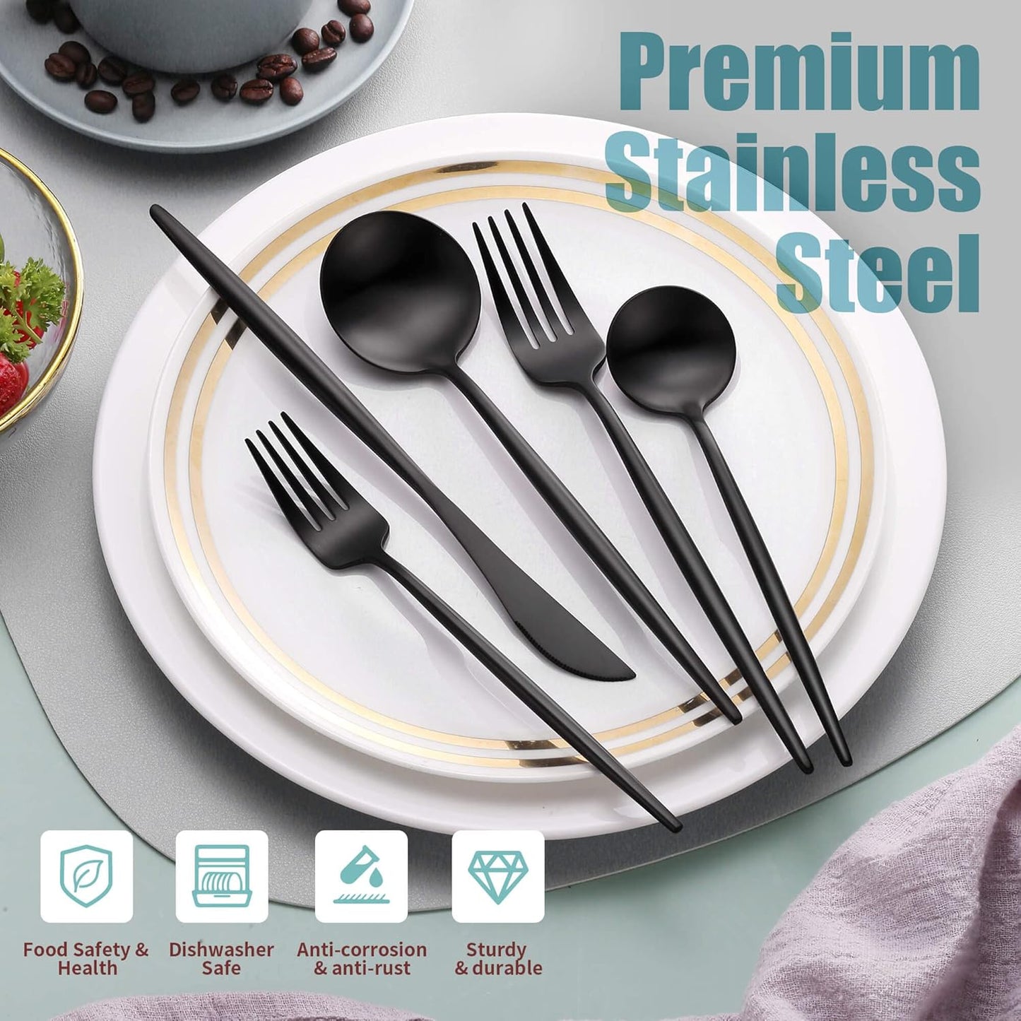 Lemeya Matte Black Silverware Set for 6,Modern Stainless Steel Brushed Cutlery Set,30-Pieces Heavy Duty Flatware Set,Knives Spoons and Forks Set Utensils Set, Satin Finish, Dishwasher Safe