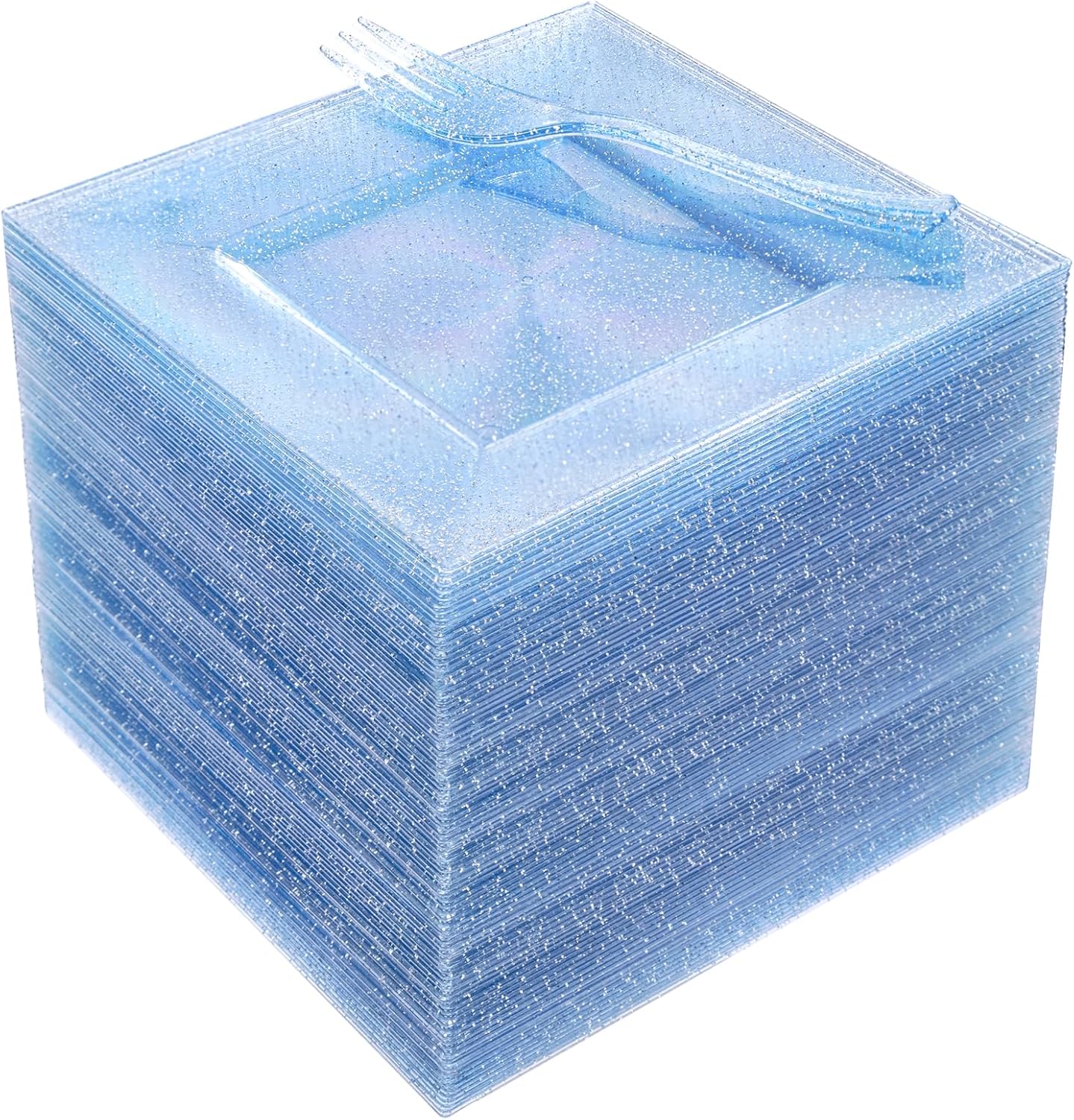 DaYammi 200 Pcs Blue Glitter Dessert Plates Including 100Pcs Appetizer Plates,100Pcs Plastic Forks,Blue Plastic Square Plate for Party,blue Disposable plates and Cake forks for Birthday Party Wedding