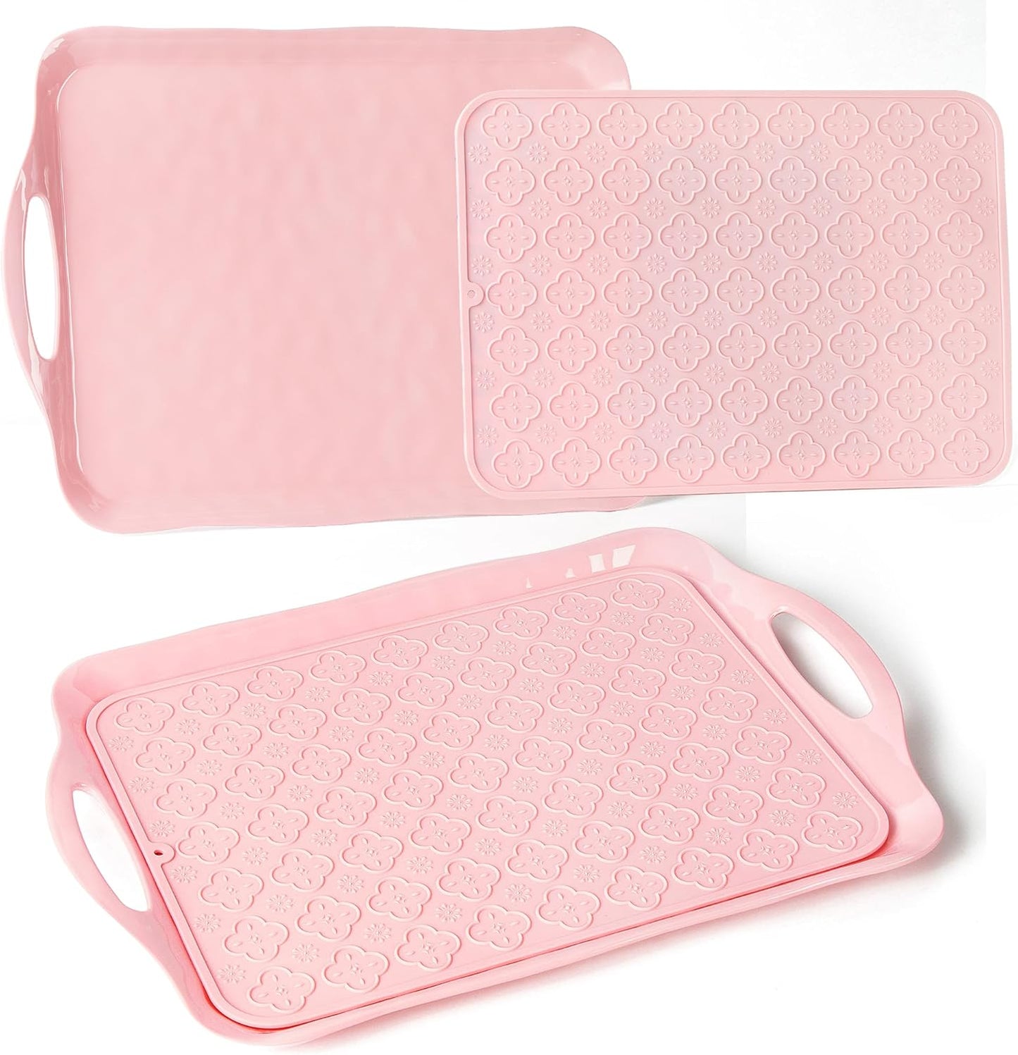 LEHAHA Melamine Serving Tray with Handles, 17.25 x 12 Inch Aesthetic Serving Platters and Trays with Curved Sides, Tray for Lunch, Coffee, or Breakfast, Set of 4, Silicone placemats Included,Pink