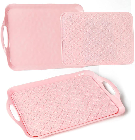 LEHAHA Melamine Serving Tray with Handles, 17.25 x 12 Inch Aesthetic Serving Platters and Trays with Curved Sides, Tray for Lunch, Coffee, or Breakfast, Set of 4, Silicone placemats Included,Pink