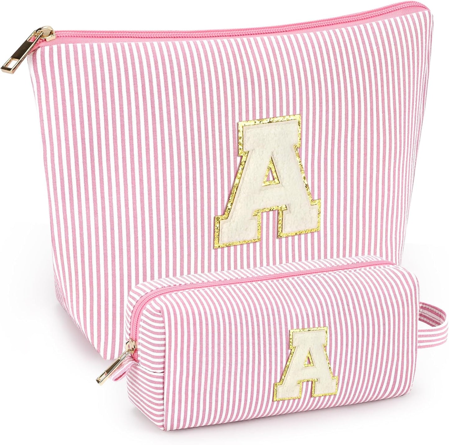 2 PCS Initial Makeup Bags for Women: Cosmetic Bag for Travel Toiletry - Birthday Gifts for 11 12 13 14 15 16 17 18 Years Old Girl Graduation Teacher Gift- Teen Girl Gifts Trendy Stuff - Light Pink A