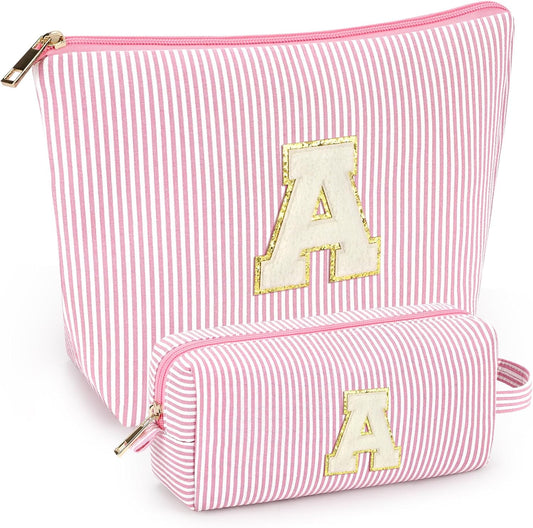 2 PCS Initial Makeup Bags for Women: Cosmetic Bag for Travel Toiletry - Birthday Gifts for 11 12 13 14 15 16 17 18 Years Old Girl Graduation Teacher Gift- Teen Girl Gifts Trendy Stuff - Light Pink A
