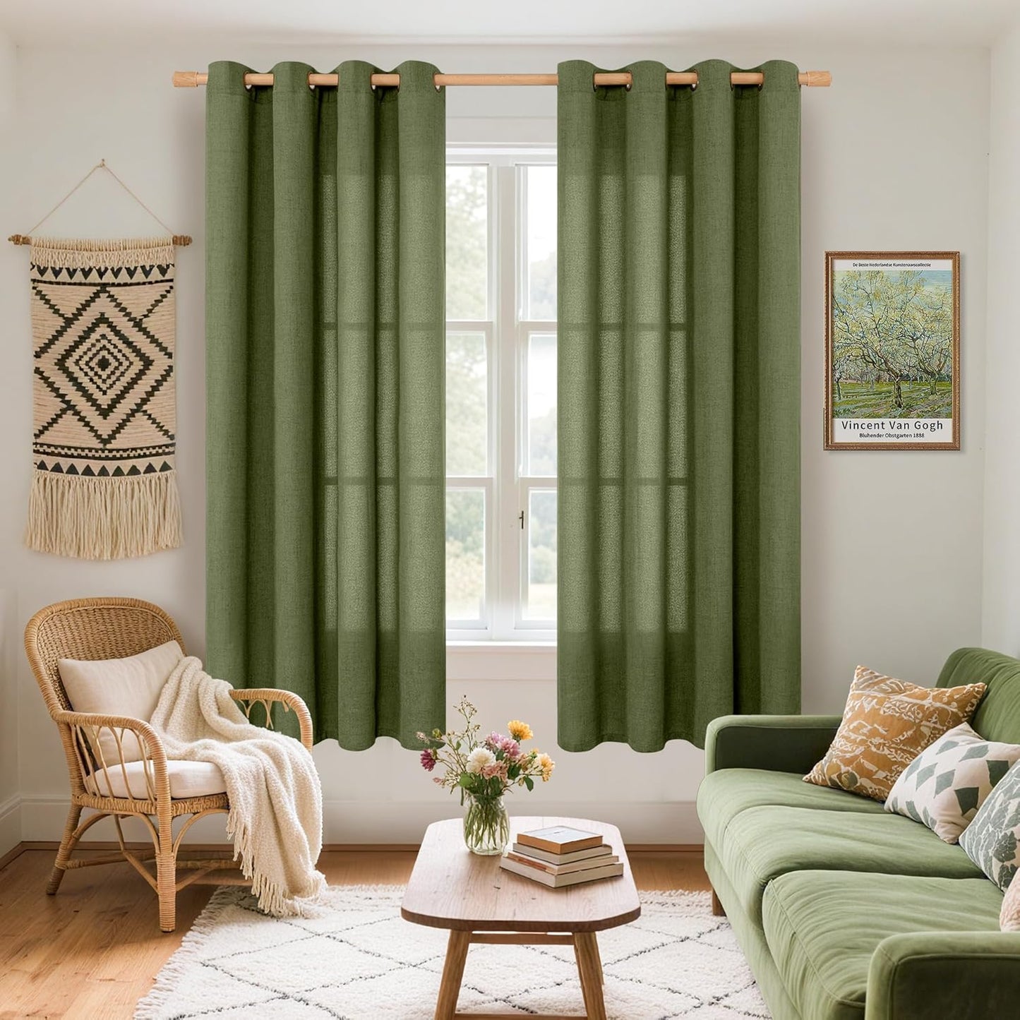 YoungsTex Olive Linen Curtains 68 Inch Length for Living Room, Light Filtering Window Drapes with Bronze Grommet Textured Privacy for Bedroom Farmhouse Decorative, 52 x 68 Inch, 2 Panels