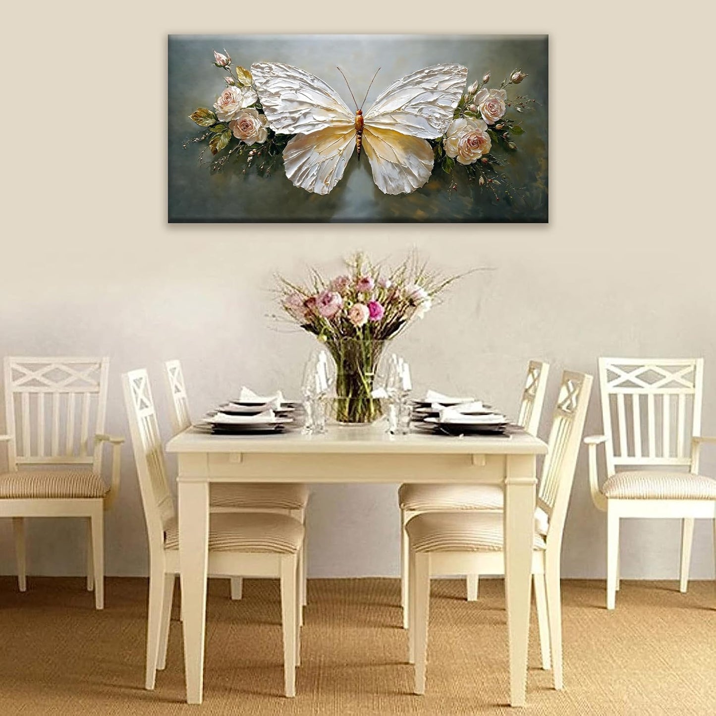 Modern Abstract Artwork White Simple Butterfly And Rose Wall Art Decor Canvas Prints Art Work For Wall Decor For Bedroom Living Room Apartment Kitchen Bathroom Office 20x40 Inch