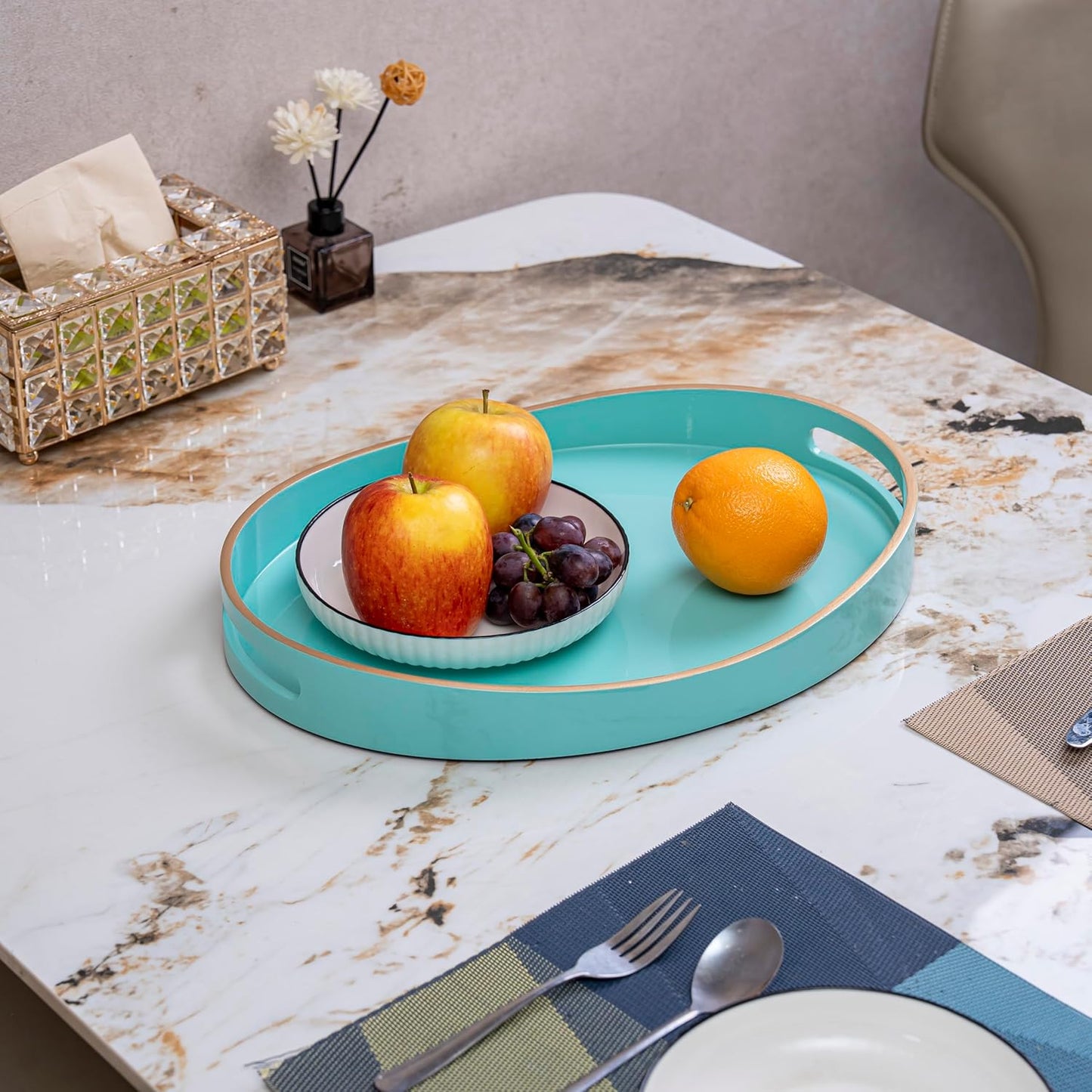 PEMAR 15.7" x 11.8" Oval Lacquer Serving Tray, Handmade Polished Coffee Table Tray w Insert Handles, Luxury Decorative Platters for Dining, Party, Dinner, Breakfast in Bed (Aqua)